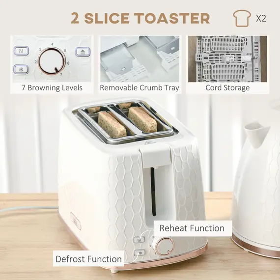 Buy 1.7L 3000W Fast Boil Kettle & 2 Slice Toaster Set, Kettle and Toaster Set with Auto Shut Off, Browning Controls, White, 5 image