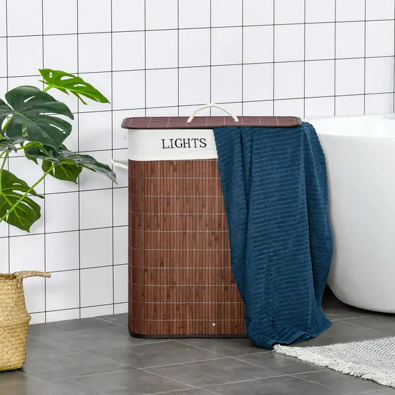 Buy 100L Laundry Basket with Lid String Handles, 2 Section Collapsible Hamper Removable Lining Foldable Water-Resistant Dirty Clothes Storage, Brown, 8 image