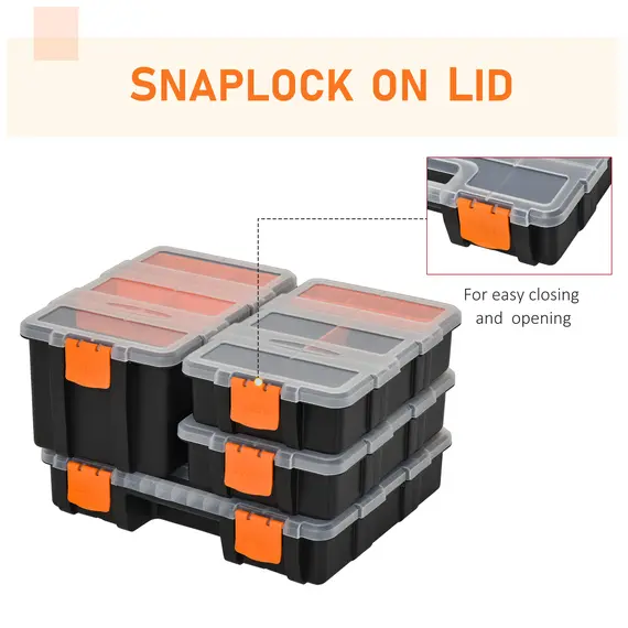 Buy Set Of 4 Plastic DIY Tool Storage Boxes w/ Inside Dividers Locking Lids Home Garage Organisation Stacking Arts Crafts Bolts Black Orange, 6 image