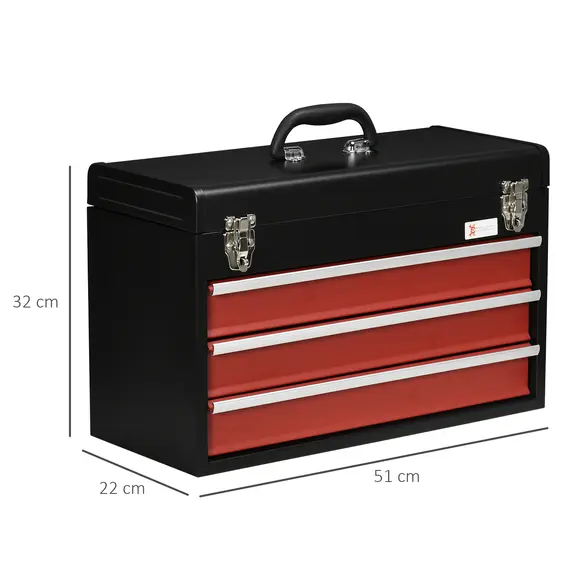 Buy 3 Drawer Tool Chest, Lockable Metal Tool Box with Ball Bearing Runners, Portable Toolbox, 510mm x 220mm x 320mm, Black, 3 image