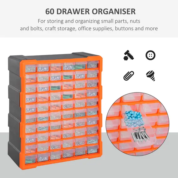 Buy 60 Drawers Parts Organiser Wall Mount Storage Cabinet Garage Small Nuts Bolts Tools Clear Orange, 6 image