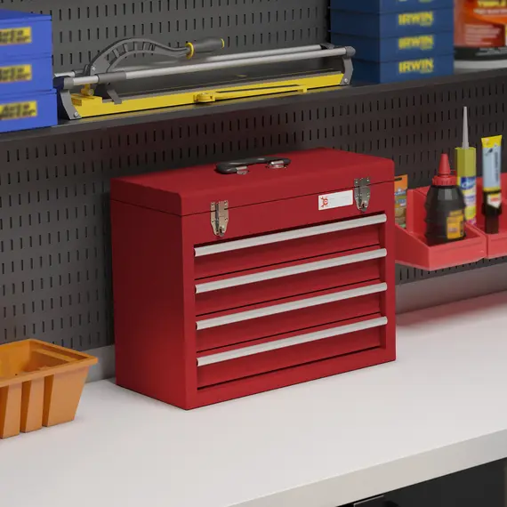 Buy Lockable Metal Tool Box, 4 Drawer Tool Chest with Latches, Handle, Ball Bearing Runners, Red, 2 image