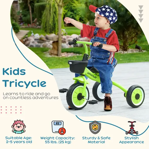 Buy Kids Trike, Tricycle, with Adjustable Seat, Basket, Bell, for Ages 2-5 Years - Green, 4 image
