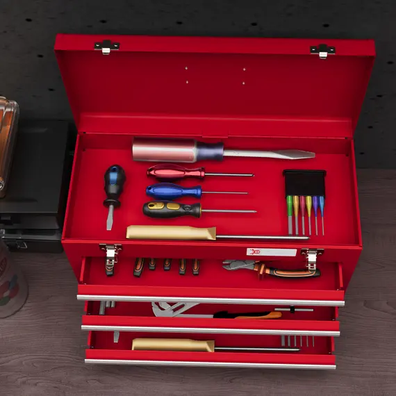 Buy Lockable Metal Tool Box, 3 Drawer Tool Chest with Latches, Handle, Ball Bearing Runners, Red, 7 image