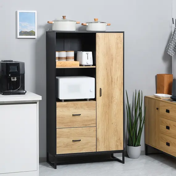 Buy Kitchen Cupboard, Freestanding Storage Cabinet with Soft Close Door, Microwave Stand with Adjustable Shelves and Drawers,  for Living Room, Dining Room, 160cm, Natural and Black, 2 image