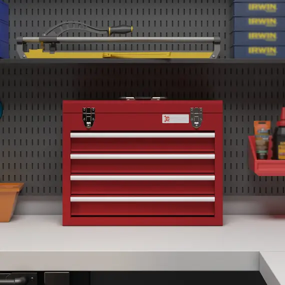 Buy Lockable Metal Tool Box, 4 Drawer Tool Chest with Latches, Handle, Ball Bearing Runners, Red, 6 image