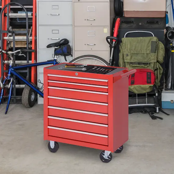 Buy 7-Drawer Rolling Tool Chest on Wheels, Lockable Tool Cabinet with Side Handle, Metal Tool Box Trolley for Garage, Workshop, Red, 2 image