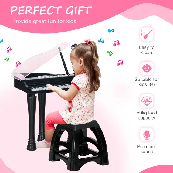 Buy 32-Key Kids Piano Keyboard, with Stool, Lights, Microphone, Sounds, Removable Legs - Black, 5 image