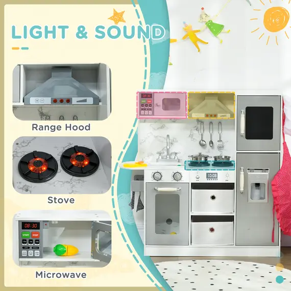 Buy Toy Kitchen with Lights, Sounds, Apron and Chef Hat, Ice Maker, Microwave, for Ages 3-6 Years - White, 4 image