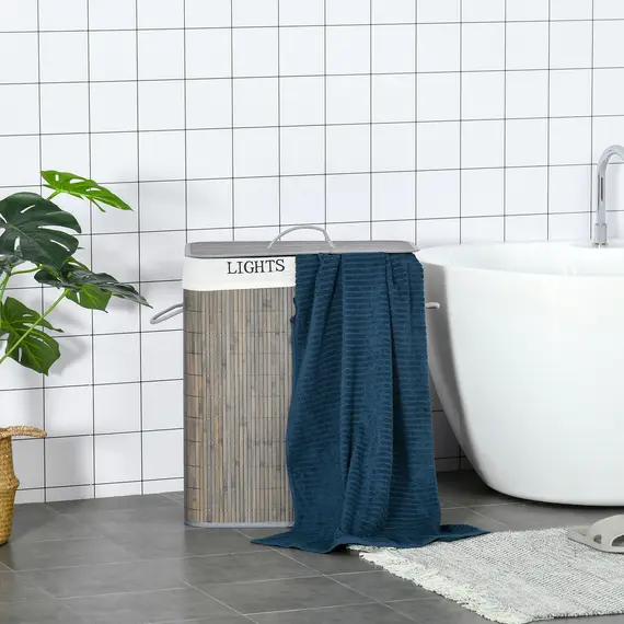 Buy 100L Laundry Basket with Lid String Handles, 2 Section Collapsible Hamper Removable Lining Foldable Water-Resistant Dirty Clothes Storage, Grey, 8 image