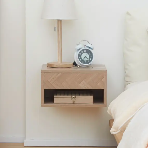 Buy 2 Pieces Bedside Table Wall Mounted Nightstand with Drawer and Shelf for Bedroom, 37 x 32 x 21cm, Natural, 8 image