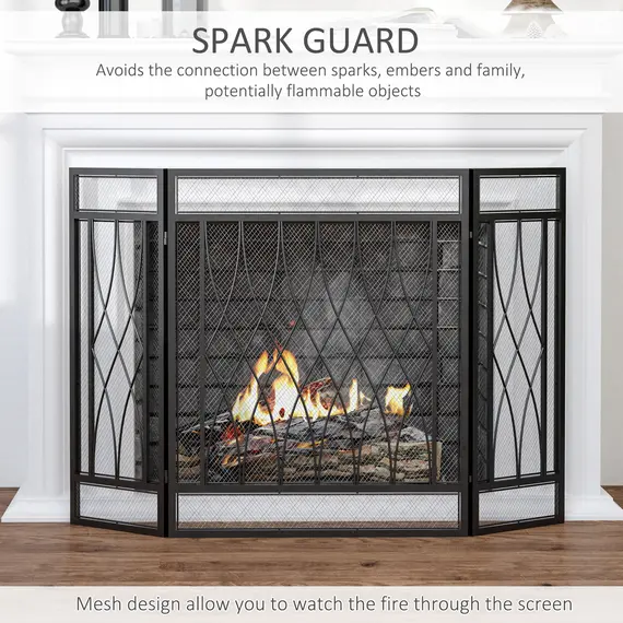 Buy 126cm 3-Panel Metal Folding Fireplace Screen Heat Flame Protective Guard Child Pet Home Spark Barrier Surround w/ Mesh Pattern, 4 image