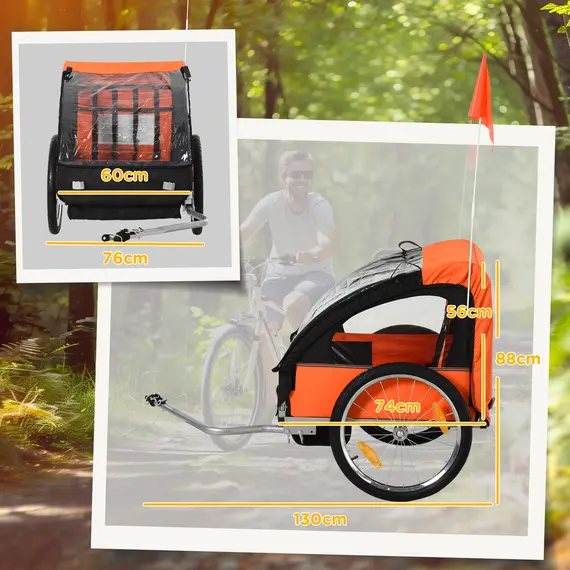 Buy 2 Seat Bike Trailer Bicycle wagon for Kids Child Steel Frame Safety Harness Seat Carrier Orange Black 130 x 76 x 88 cm, 3 image