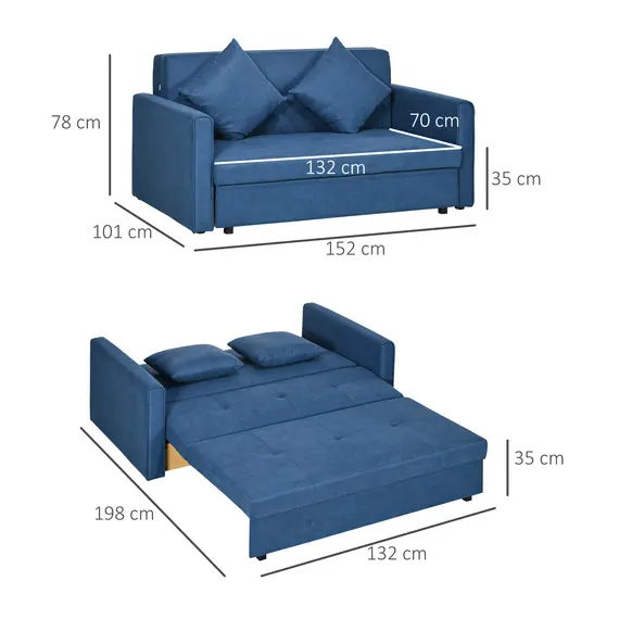 Buy 2 Seater Sofa Bed, Convertible Bed Settee, Modern Cotton Loveseat Sofa Couch with 2 Cushions, Hidden Storage for Living Room, Guest Room, Deep Blue, 3 image