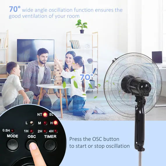 Buy 18" Pedestal Fan, Oscillating Standing Fan with Remote Control, Floor Fan with Adjustable Height, 3 Speed, 7.5-Hour Timer, Black, 5 image