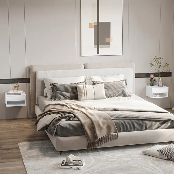 Buy 2 Pieces Bedside Table Wall Mounted Nightstand with Drawer and Shelf for Bedroom, 37 x 32 x 21cm, High Gloss White, 2 image