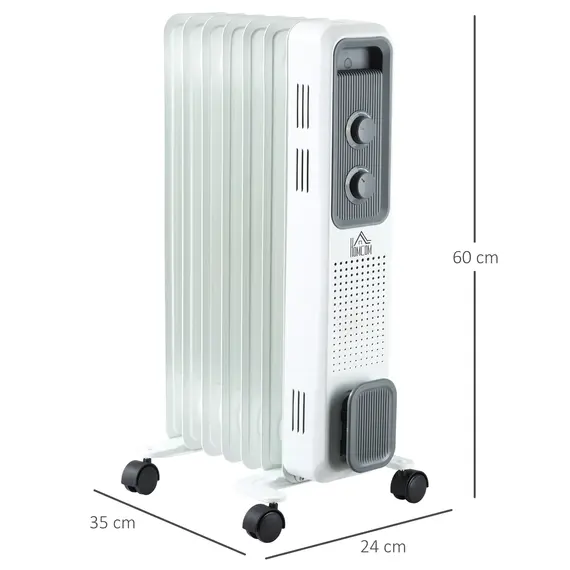 Buy 1500W Oil Filled Radiator, 7 Fin, Portable Electric Heater with 3 Heat Settings, Safety Cut-Off and Wheels, White, 3 image