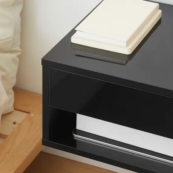 Buy 2 Pieces Bedside Table Wall Mounted Nightstand with Drawer and Shelf for Bedroom, 37 x 32 x 21cm, High Gloss Black, 9 image