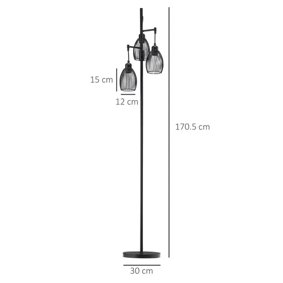Buy 170cm Industrial 3-Light Floor Lamp, Dimmable Standing Lamp with Steel Lampshades for Living Room, Bedroom, Dinging Room, Study, Black, 3 image