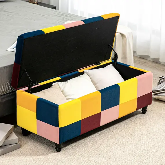 Buy 114 x 47 x 47cm Velvet Storage Ottoman, Button-tufted Footstool Box, Toy Chest with Lid for Living Room, Bedroom, Multicoloured, 8 image