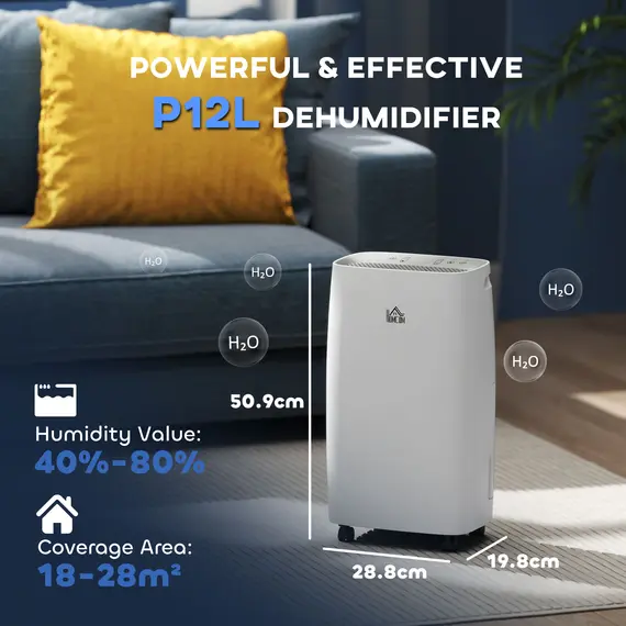 Buy 12L/Day Dehumidifier with Continuous Drainage, 2.5L Water Tank, 24H Timer, Humidity Display, for Home Damp, Condensation, Mould and Laundry Drying, White, 3 image