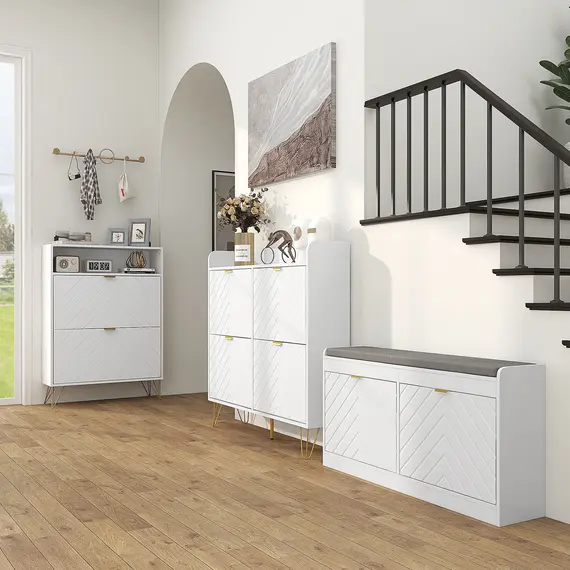 Buy 12 Shoe Storage Cabinet, with Chevron Indents and Gold Tone Accents - White, 2 image