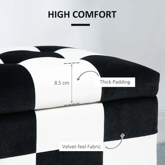 Buy 114 x 47 x 47cm Velvet Storage Ottoman, Button-tufted Footstool Box, Toy Chest with Lid for Living Room, Bedroom, White and Black, 5 image