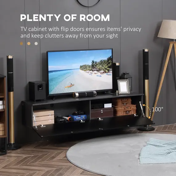 Buy 160cm High Gloss Floating TV Unit Stand for TVs up to 70", Wall Mounted TV Cabinet with Storage Cupboards, Grey and Black, 5 image