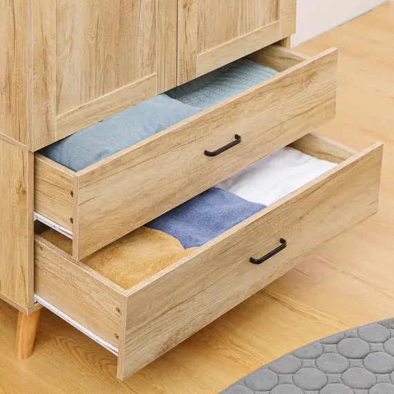 Buy 2 Door Wardrobe, Modern Wardrobe with 2 Drawer and Hanging Rail for Bedroom, Natural, 8 image