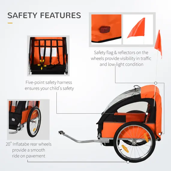 Buy 2 Seat Bike Trailer Bicycle wagon for Kids Child Steel Frame Safety Harness Seat Carrier Orange Black 130 x 76 x 88 cm, 4 image
