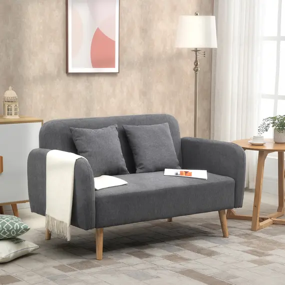 Buy 2 Seater Sofa, Modern Fabric Loveseat Sofa, Small Couch with 2 Pillows, Armrest and Wood Legs for Living Room, Bedroom, Home Office, Grey, 2 image