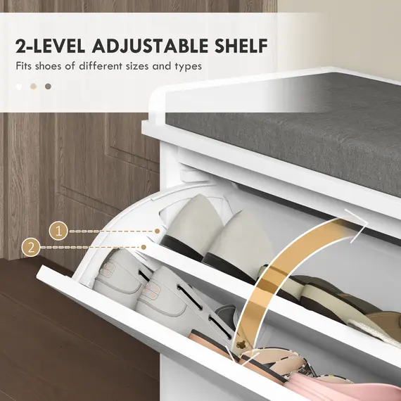 Buy 10-Shoe Storage Bench, with Padded Top Seat - White/Grey, 5 image