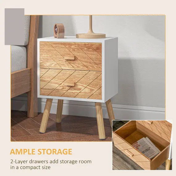 Buy 2 Drawers Bedside Table with Pine Legs, Bedroom Wooden Storage Cabinet, Set of 2, Natural, 5 image