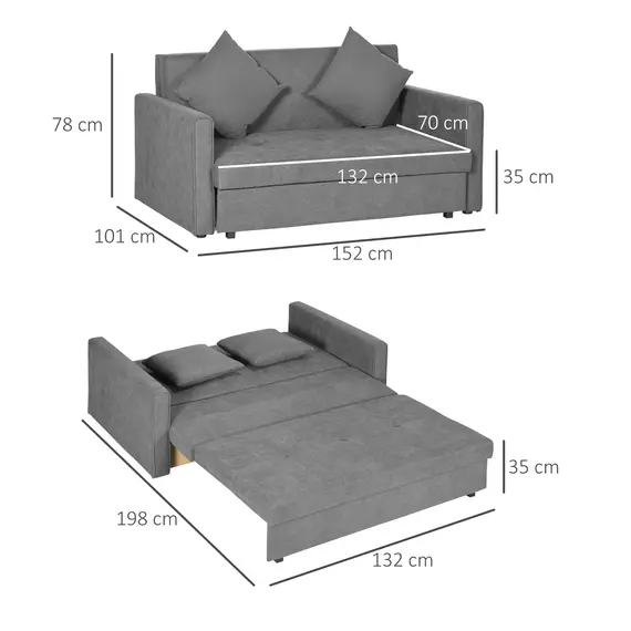 Buy 2 Seater Sofa Bed, Convertible Bed Settee, Modern Cotton Loveseat Sofa Couch with 2 Cushions, Hidden Storage for Living Room, Guest Room, Light Grey, 3 image