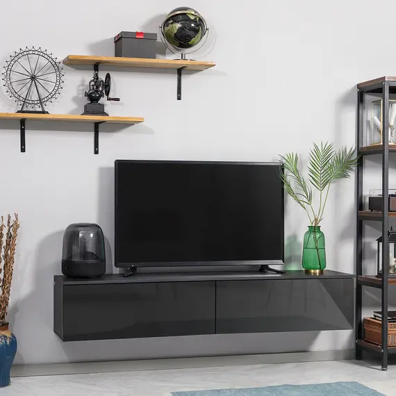 Buy 160cm High Gloss Floating TV Unit Stand for TVs up to 70", Wall Mounted TV Cabinet with Storage Cupboards, Grey and Black, 2 image