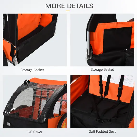 Buy 2 Seat Bike Trailer Bicycle wagon for Kids Child Steel Frame Safety Harness Seat Carrier Orange Black 130 x 76 x 88 cm, 6 image