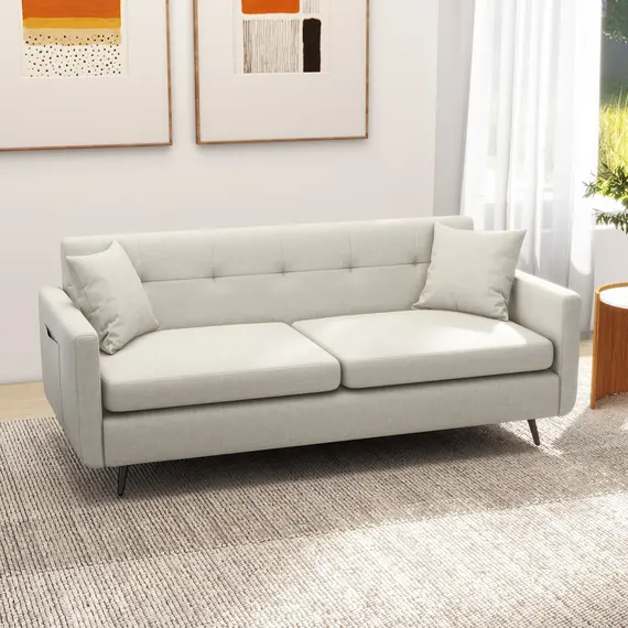 Buy 165cm 3 Seater Sofa for Living Room, Modern Fabric Couch, Tufted Small Couch Sofa Settee with Steel Legs and 2 Storage Pockets for Bedroom and Home Office, Beige, 2 image