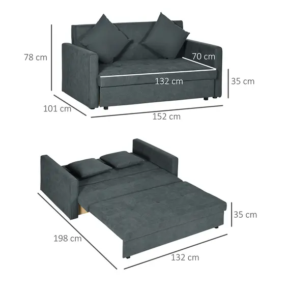 Buy 2 Seater Sofa Bed, Convertible Bed Settee, Modern Cotton Loveseat Sofa Couch with 2 Cushions, Hidden Storage for Living Room, Guest Room, Dark Grey, 3 image