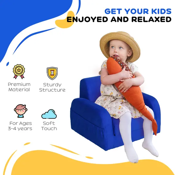 Buy 2 In 1 Kids Armchair Sofa Bed Fold Out Padded Wood Frame Bedroom Blue, 4 image