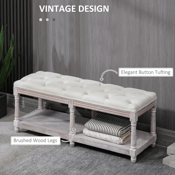 Buy 2-Tier Bed End Bench, Vintage Stool, Wooden Window Seat with Storage Shelf, Button Tufted Upholstered Footstool for Living Room, Bedroom, Entryway, Cream White, 4 image