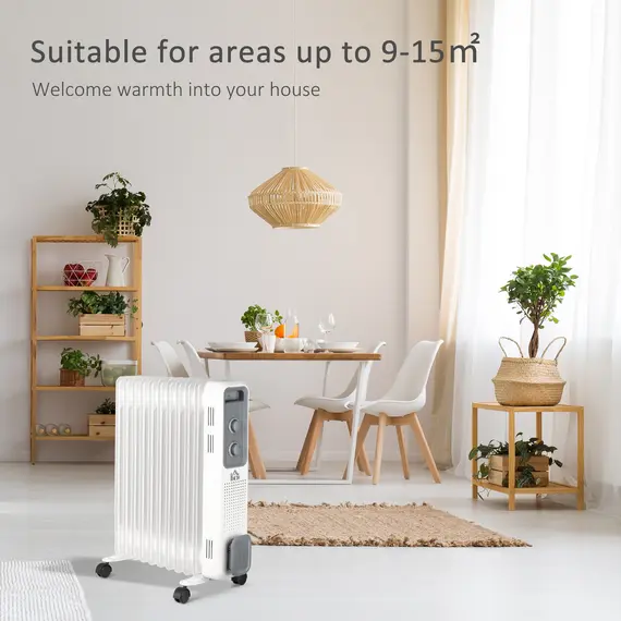Buy 2500W Oil Filled Radiator, 11 Fin, Portable Electric Heater with 3 Heat Settings, Safety Cut-Off and Wheels, White, 7 image