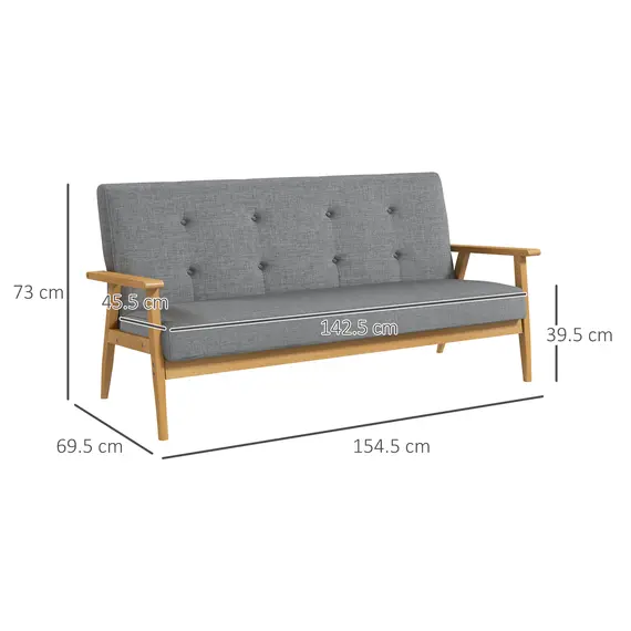 Buy 3 Seater Sofa Modern Linen Fabric Upholstery Tufted Couch with Rubberwood Legs for Living Room and Kitchen, 155cm, Dark Grey, 3 image
