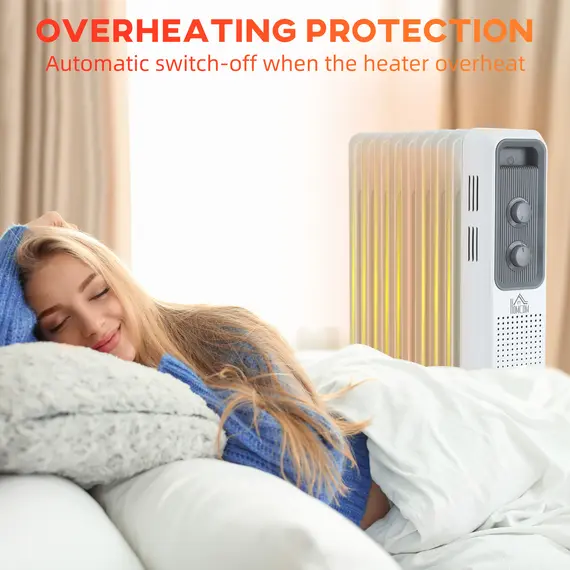 Buy 2000W Oil Filled Radiator, 9 Fin, Portable Electric Heater with 3 Heat Settings, Safety Cut-Off and Wheels, White, 7 image
