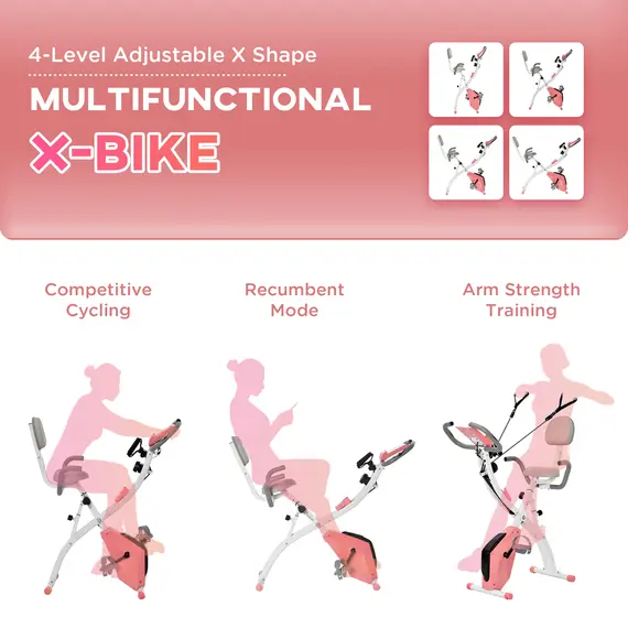 Buy 2-in-1 Folding Exercise Bike with 8-Level Magnetic Resistance, Arm Resistance Band, Pulse Sensor, Pink, 8 image