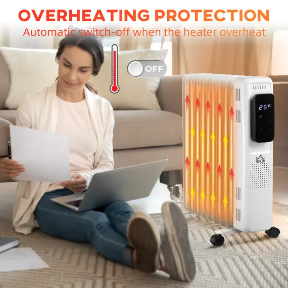 Buy 2000W Oil Filled Radiator, 9 Fin Portable Electric Heater with LED Display, 24H Timer, 3 Heat Settings, Adjustable Thermostat, Safety Cut off, Remote Control, White, 4 image