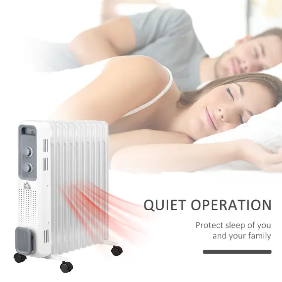 Buy 2500W Oil Filled Radiator, 11 Fin, Portable Electric Heater with 3 Heat Settings, Safety Cut-Off and Wheels, White, 8 image