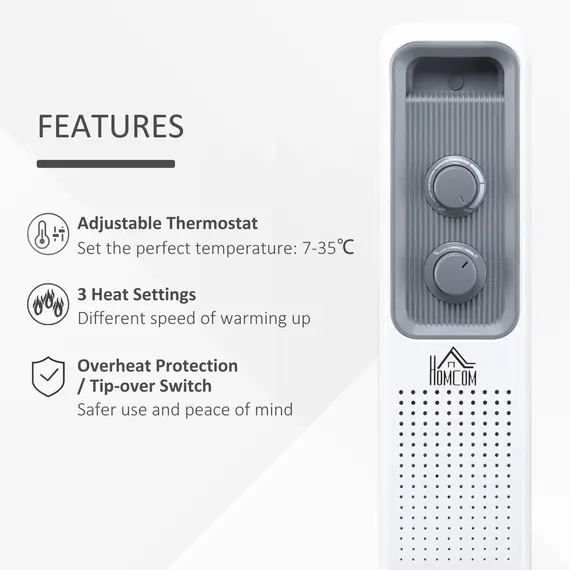 Buy 2500W Oil Filled Radiator, 11 Fin, Portable Electric Heater with 3 Heat Settings, Safety Cut-Off and Wheels, White, 5 image