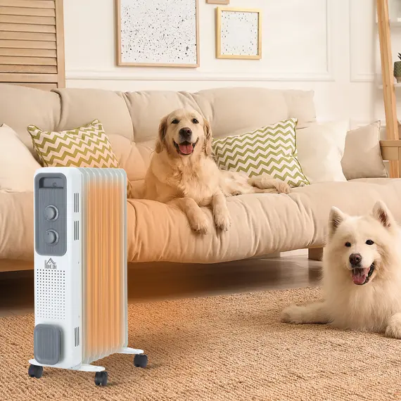 Buy 2000W Oil Filled Radiator, 9 Fin, Portable Electric Heater with 3 Heat Settings, Safety Cut-Off and Wheels, White, 2 image