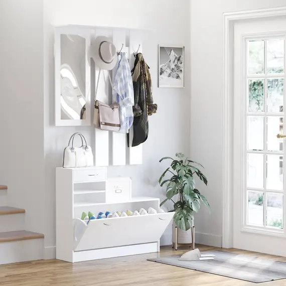 Buy 2PC Shoes Storage Chest Cloths Rack Unit w/Mirror Multiple Shelves Large Storage Capacity Shoes Cabinet 6 Hooks Cloth Rack White, 2 image