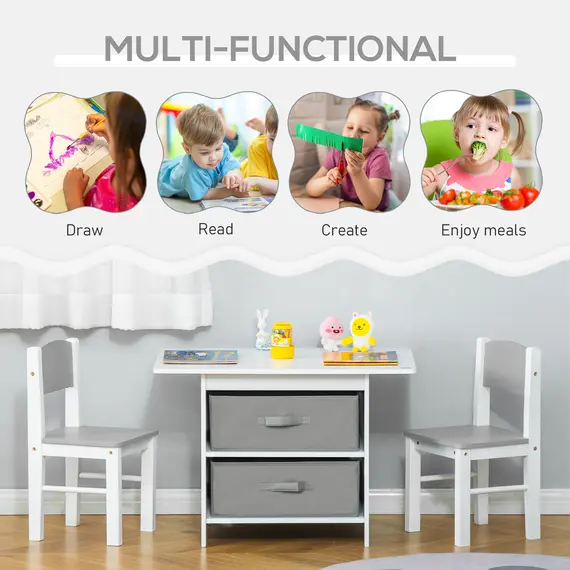 Buy 3 Pcs Kids Table & Chairs Set Mini Seating Furniture Home Playroom Bedroom Dining Room w/ Storage Drawers Safe Corners for 2-4 Years old White, 4 image